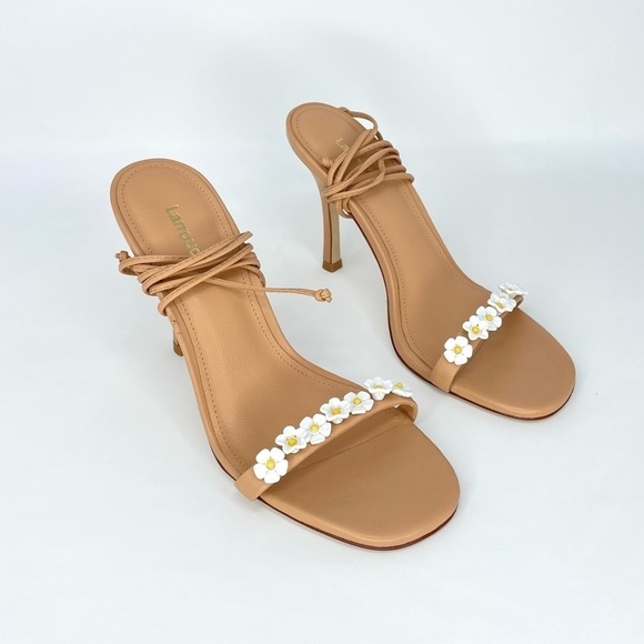 NWOB, Larroudé Goldie 95MM Flower Appliqué Tan Leather Lace-Up Heeled Sandals 7 - Picture 5 of 11